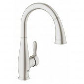 Смеситель для кухни однорычажный GROHE Parkfield с выдвижной лейкой, C-образный излив, суперсталь (30215DC1) — фото, характеристики, купить в MAKHACHKALA-CLIMBO