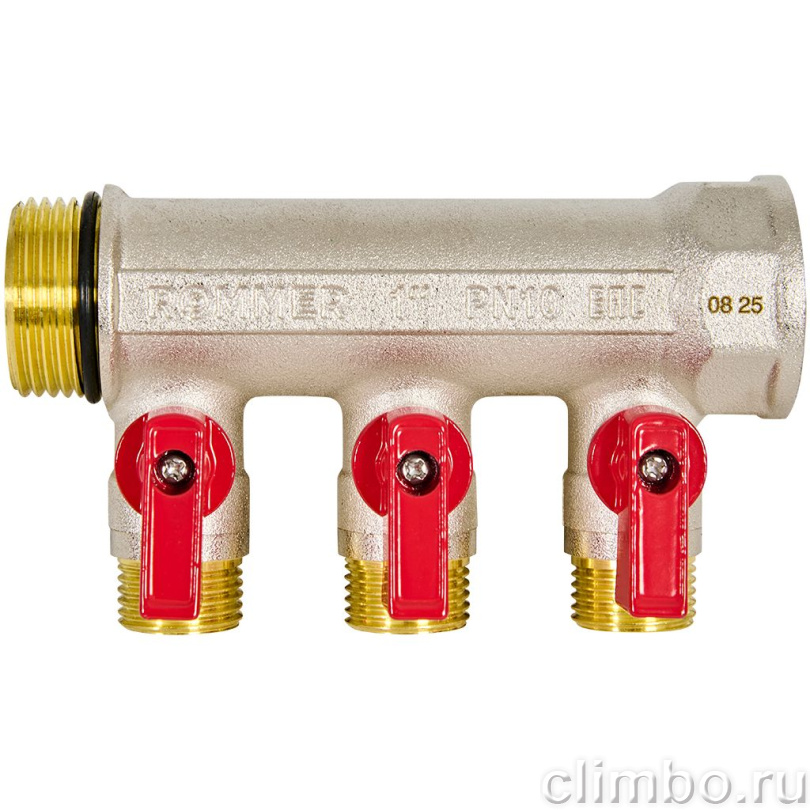 Коллектор распределительный ROMMER RMB-0008CF с шаровыми кранами 1, 3 отвода 1/2, под компрессионный фитинг для полимерных труб (красные ручки, синие в комплекте) — фото, детали конструкции