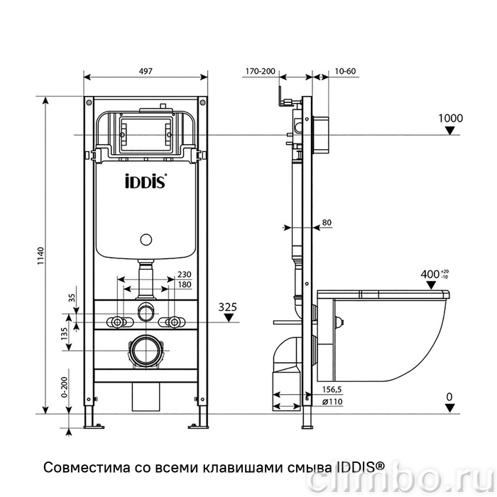 Комплект 3в1: подвесной унитаз, инсталляция и клавиша смыва белая, Бэйсик (Basic), IDDIS, BASSPO1i73 — фото, детали конструкции