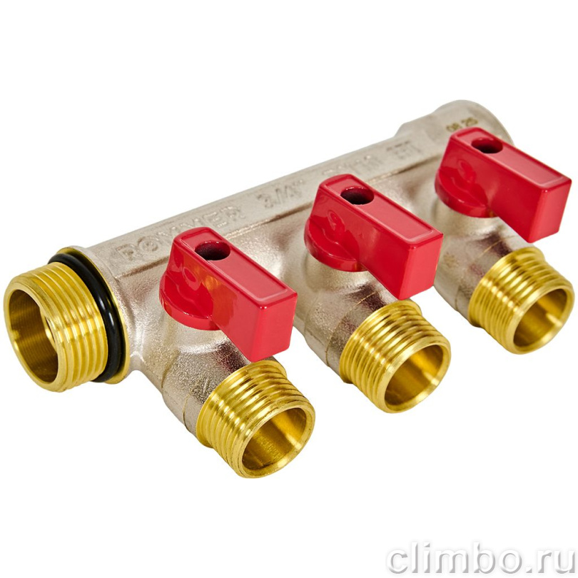 Коллектор распределительный ROMMER RMB-0007CF с шаровыми кранами 3/4, 3 отвода 1/2, под компрессионный фитинг для полимерных труб (красные ручки, синие в комплекте) — фото, детали конструкции